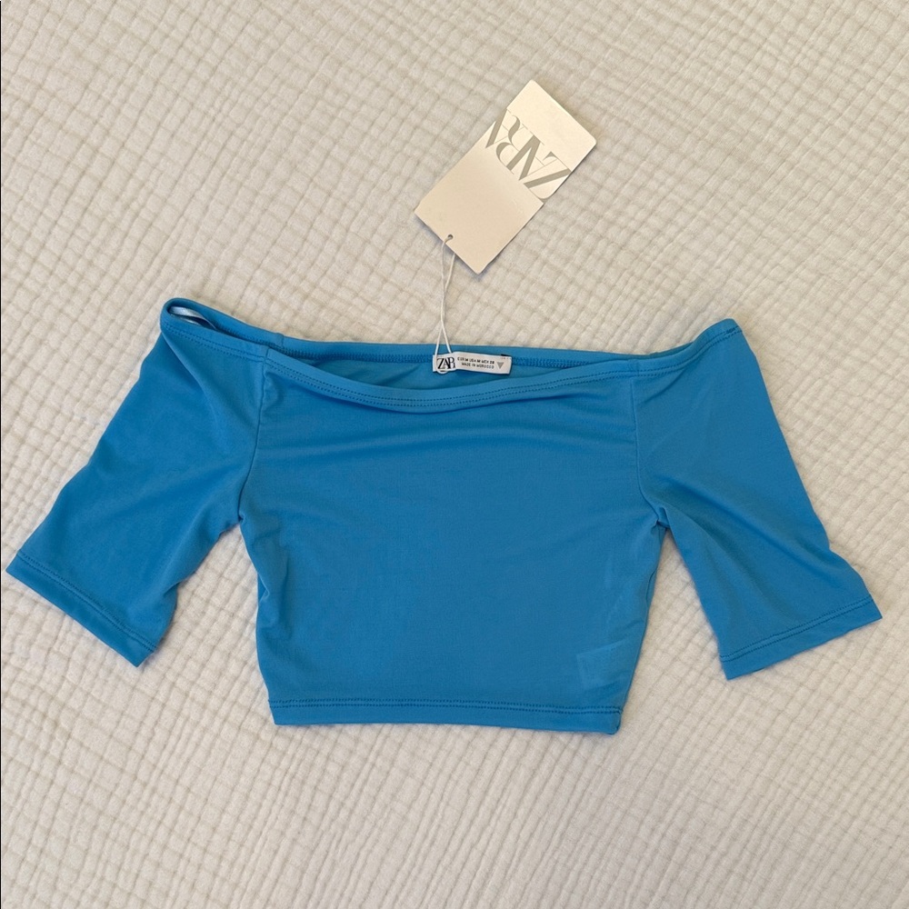 Zara Blue Mesh Off-Shoulder Crop Top